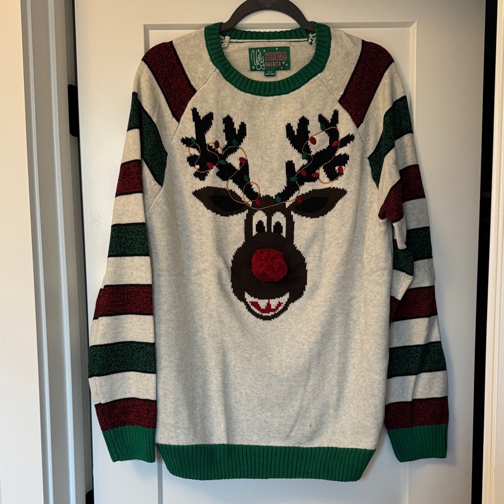 Festive Reindeer Sweater - Green, Red, and White